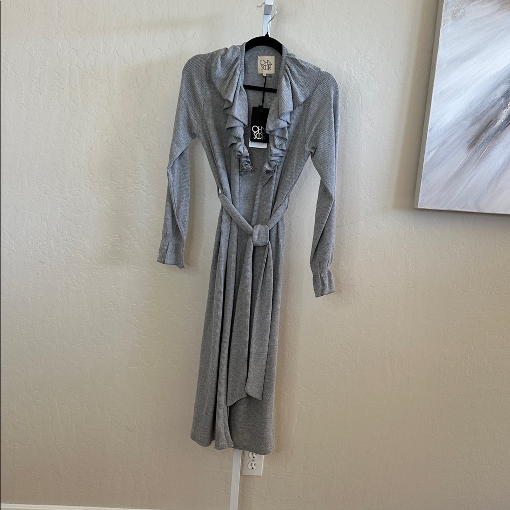 NWT Chaser small Heather Gray Ruffled Long Sleeve Cardigan with belt